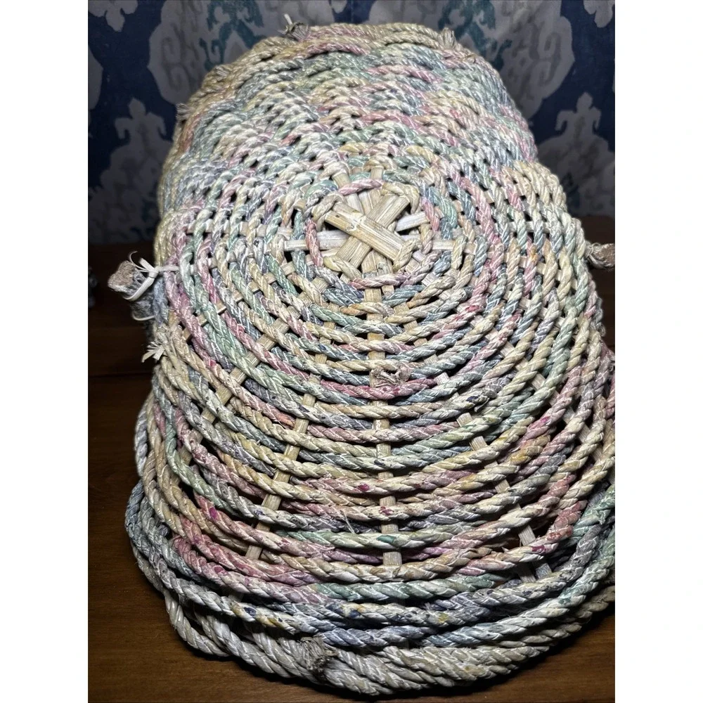 Vintage Rope Gathering Basket‎ Large Distressed Branch Handle Pastel Colors